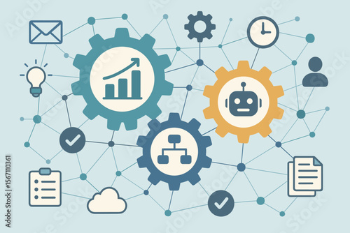 Business process management and workflow automation vector diagram. Robotic Process Automation (RPA) concept with AI robot, gears, and icons for data analysis and system optimization.