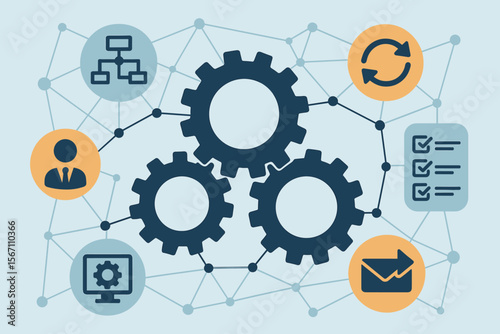 Workflow automation and business process management vector concept. Infographic diagram with gears, flowchart, and icons for project management, system integration, and strategy.