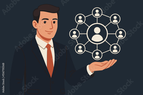 Businessman holds social network diagram. Business connection and communication concept. Teamwork, collaboration, and leadership. Human resources management, CRM. Flat vector illustration.