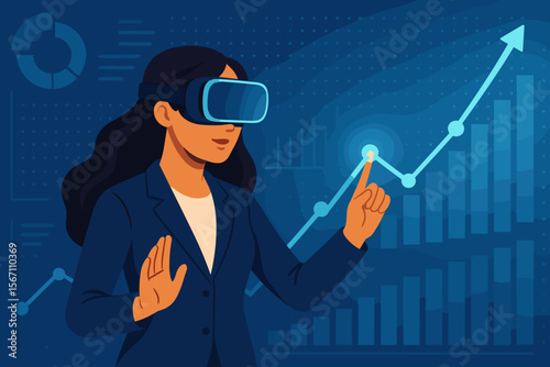 Businesswoman in VR headset analyzes financial data in the metaverse. Concept for stock market investment, virtual reality, growth chart, and future business technology. Vector.