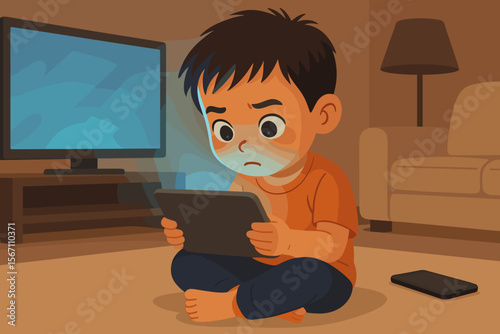 Overstimulated children and screen time addiction concept. Sad Asian boy hypnotized by tablet screen in a dark room. Too much exposure to digital devices like TV and smartphone.