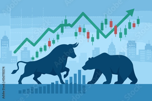Bull vs Bear stock market concept. Financial investment and stock trading symbol. Economic uptrend graph with candlestick chart and growth arrow on a city background. Vector art.