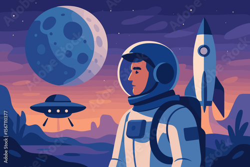 Astronaut on alien planet landscape concept. Space exploration, discovery and adventure. Spaceman in spacesuit with rocket launch, moon and UFO in starry sky. Sci-fi vector cartoon.