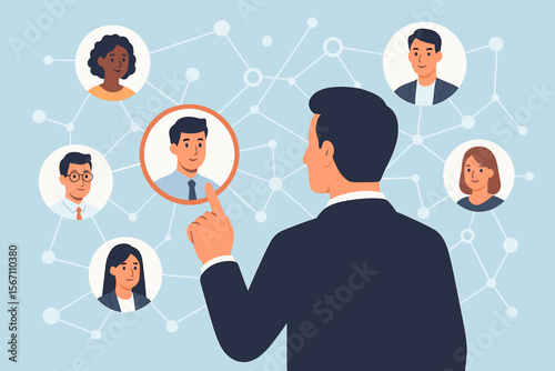 Business leader choosing a candidate for a job. Human resources concept of hiring and recruitment. Manager selecting team leader. Talent acquisition, headhunting, and CRM system. Vector.