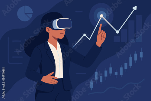 Business woman in VR headset analyzing financial data in the metaverse. Trader working with stock market chart. Concept of virtual reality, business analytics and investment strategy.