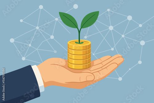 Investment growth concept. Businessman hand holding gold coins with a green plant sprout. Financial success, savings, profit, return on investment, and sustainable business.
