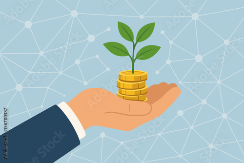 Businessman hand holding coins with a growing plant sprout. Concept of financial growth, investment, savings, profit, and success. Sustainable business and green economy vector.