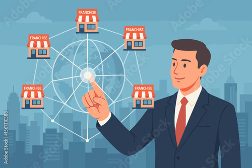 Franchise business concept. Businessman hand touching an interactive global network, managing a marketing system for store chain expansion. Franchising strategy vector illustration.