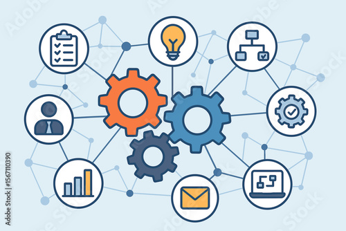 Business process management and workflow automation diagram. Vector concept of corporate operations, project management, and strategic planning with gears and icons. Flat flowchart.