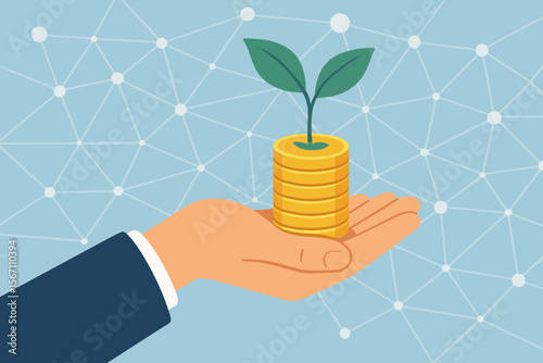 Businessman hand holding money coins with a growing plant sprout. Financial investment, savings, and growth concept. Business success, profit, wealth, ROI, and seed money metaphor.