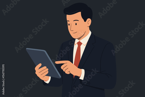 Businessman in a suit holding and touching a digital tablet. Professional entrepreneur working online with a modern device. Business technology concept. Flat vector cartoon illustration.
