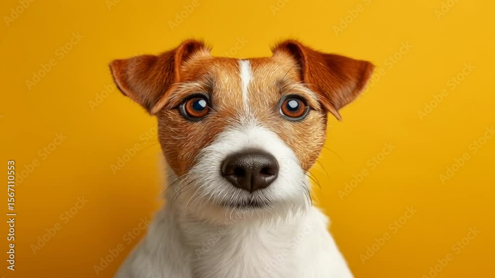 adorable perrito marron y blanco sobre fondo amarillo de estudio. Concepto adopción de animales