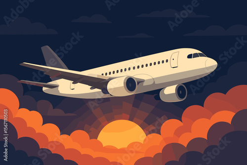 Commercial airplane flying above clouds at sunrise, jet aircraft in dark sky, travel and aviation concept, modern flat vector illustration, passenger plane journey, sunrise flight scene