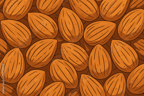Close-up seamless pattern of almonds, healthy nuts background, modern flat vector cartoon illustration, organic food texture, natural snack, vegan ingredient design