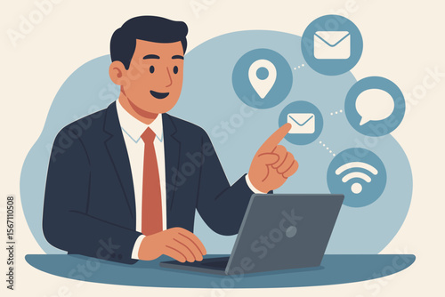 Businessman Using Laptop Touching Virtual Contact Icons Email Address Live Chat WiFi Communication Technology Customer Support Hotline Online Service Network Connection Concept