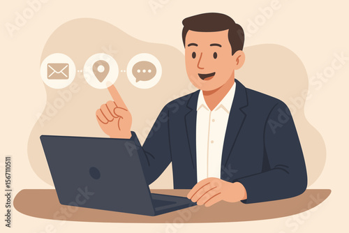 Customer support communication concept. Businessman using laptop, touching virtual contact icons. Email, location, live chat, online helpdesk, digital service, internet connection, business hotline.
