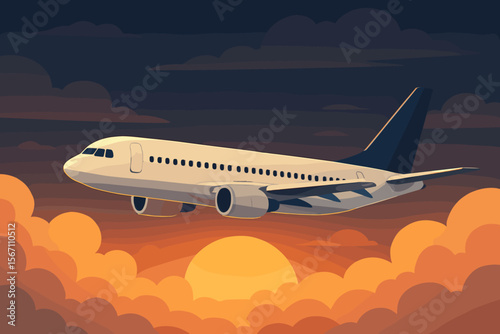 Modern commercial airplane flying above clouds at sunrise, jet airliner in dramatic dark sky, aviation travel concept, flat vector illustration, passenger aircraft, transportation, journey