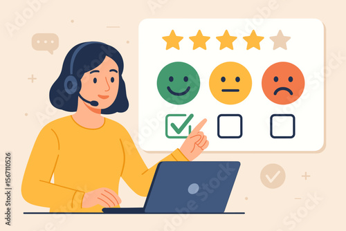 Customer service evaluation, feedback survey, online rating, support agent with headset, satisfaction review, happy neutral sad face icons, laptop, five star score, modern flat vector illustration