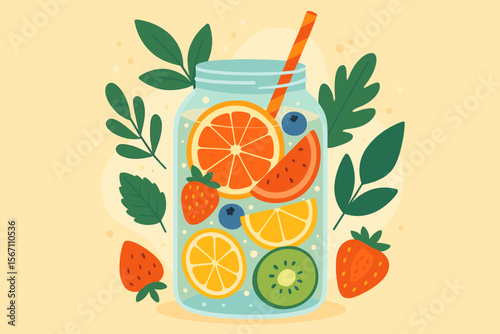 Refreshing Summer Fruit Infused Water in Mason Jar with Citrus, Strawberry, Kiwi, Watermelon, Blueberry, Lemon, Orange, Green Leaves, Flat Cartoon Vector Illustration, Healthy Detox Drink Concept
