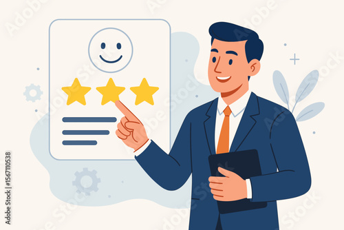 Customer satisfaction rating feedback concept. Businessman interacting with digital survey, selecting star rating. High quality service, positive review, client experience, evaluation, feedback system