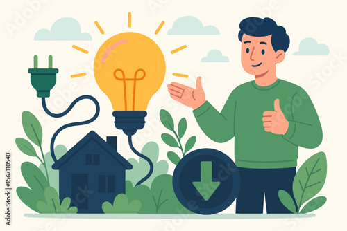 Energy efficiency home concept. Eco friendly house with glowing light bulb, electric plug, green plants. Save electricity, reduce power consumption, sustainable living, renewable energy illustration