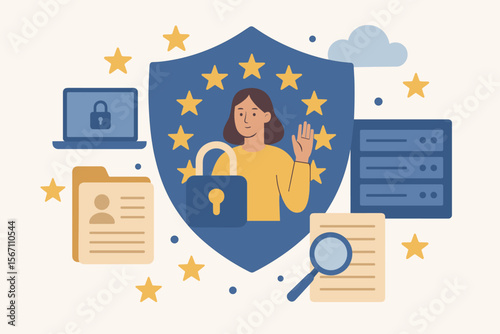European Union GDPR data protection privacy concept. Secure personal information, online security, compliance, shield, lock, documents, cloud, server, laptop. Modern flat vector illustration.