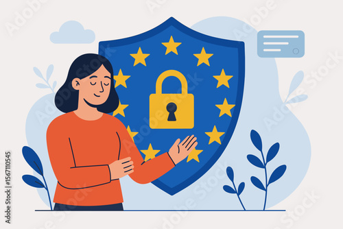 GDPR data protection privacy concept. European Union security regulation. Shield with lock and EU stars. Personal information safety. Digital privacy law compliance. Flat vector illustration.