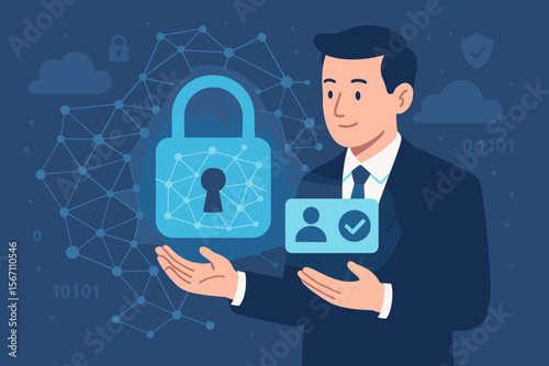 Cyber security business concept. Businessman holding digital padlock and verified login credentials. Data protection, privacy, secure identity, user authentication, network safety, technology security