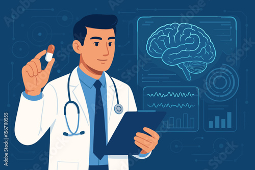 Futuristic doctor analyzing brain scan results with digital holographic interface, holding drug capsule, innovative medical technology, neurology healthcare, modern medicine concept
