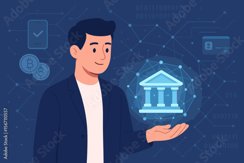 Digital banking technology, AI virtual bank, online finance, man holding digital bank icon, blockchain, cryptocurrency, decentralized finance, fintech, secure financial network, data security