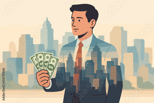 Double exposure businessman holding US dollar bills, cityscape background, financial success, investment, wealth, urban business growth, profit, money management, corporate finance concept