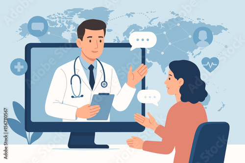 Virtual doctor consultation online, professional healthcare advice via global telemedicine network, patient communication, remote medical support, digital health service, internet technology