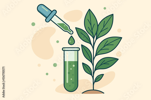 Biotechnology research concept with dropper adding herbal extract to test tube, plant based science, natural organic chemistry, laboratory analysis, modern flat vector illustration