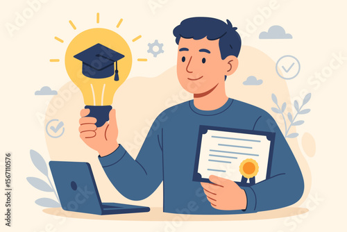 Online Education Graduation Certificate Concept. Man Holding Lightbulb with Graduation Cap Symbolizing E-Learning, Creative Thinking, Internet Course Degree, Digital Study, Knowledge Innovation