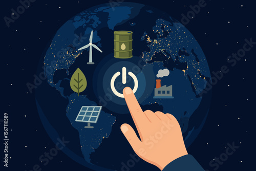 Hand Pressing Power Button with Renewable and Fossil Energy Icons on Earth at Night, Sustainable Energy Choices, Environmental Conservation, Clean Power, Global Ecology, Earth Day Concept Vector