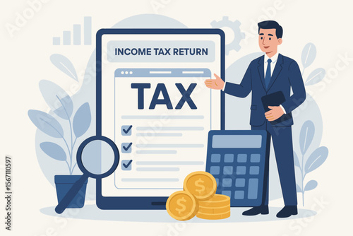Online Income Tax Return Filing Concept with Businessman, Tax Payment, Government State Taxes, Data Analysis, Paperwork, Financial Research, Calculator, Magnifying Glass, Coins Illustration