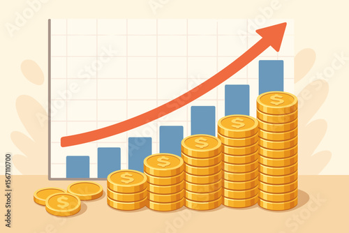Financial growth concept with stacked gold coins, rising bar chart, upward arrow. Investment profit, business success, income increase, wealth accumulation, economic progress, money management vector