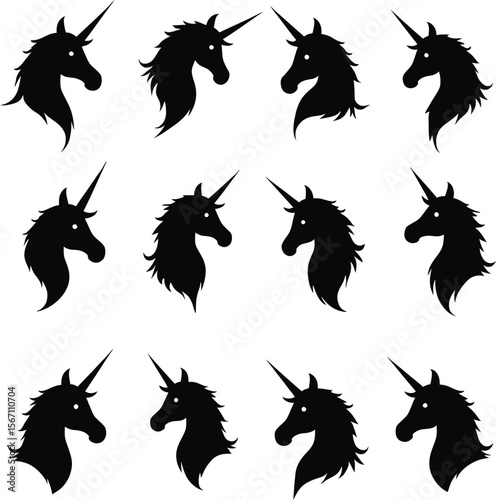 Twelve unicorn silhouettes elegant magical creatures
