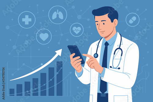 Medical business growth analytics, doctor using smartphone, digital healthcare technology, medical investment, data chart, health network, telemedicine, innovation, hospital management