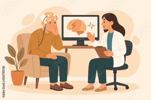 Neurology consultation with senior patient. Brain health diagnosis. Doctor discussing neurological disorder, cognitive assessment, EEG test. Elderly healthcare, mental therapy, medical clinic vector