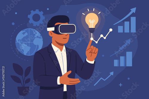 Futuristic Business Innovation Strategy with Virtual Reality Technology, Global Economy Growth, Data Analytics, Lightbulb Idea, Modern Flat Vector Illustration, Success Concept