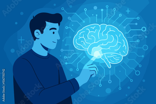 Man Interacting with Virtual Brain Interface, Artificial Intelligence, Neural Network, Digital Innovation, Technology and Medical Science Concept, Modern Blue Flat Vector Illustration