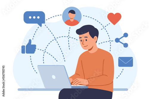 Man Using Laptop for Social Media Networking, Online Communication, Digital Marketing, Internet Business, Social Connection, Modern Technology, Flat Vector Illustration