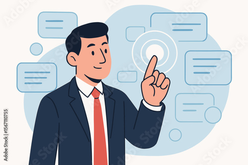 Businessman in suit interacting with digital touchscreen interface, modern flat vector illustration, technology innovation, virtual communication, corporate decision making, user experience