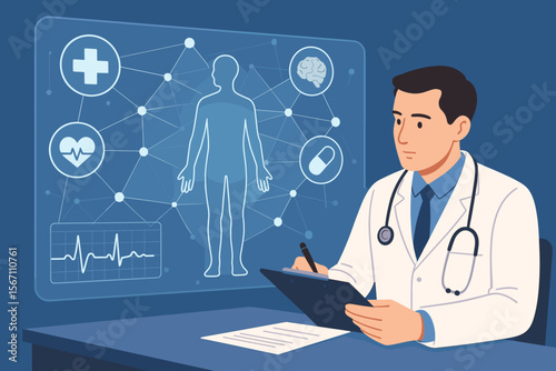 Medical doctor analyzing patient health data on digital hologram interface. Modern healthcare technology, telemedicine diagnosis, electronic medical records, network connections, science innovation