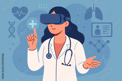 Female Doctor Using Virtual Reality Glasses in Modern Healthcare Technology. Medical Innovation, Digital Health, Telemedicine, Stethoscope, DNA, Lungs, Medical Data. Flat Vector Illustration