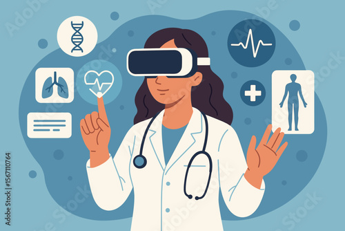 Female doctor using virtual reality headset for digital healthcare. Modern medical technology, telemedicine, remote diagnosis, futuristic medicine, interactive health data, flat vector illustration