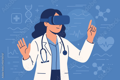 Female doctor using virtual reality headset for medical technology innovation, healthcare simulation, digital diagnostics, futuristic medicine, telemedicine, modern healthcare concept illustration