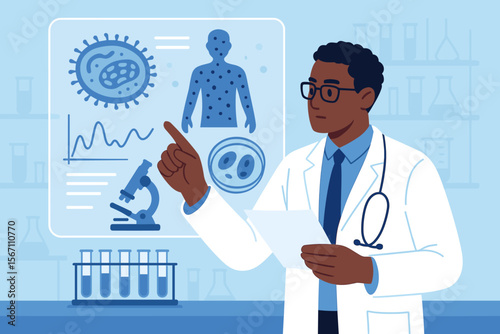 Medical Doctor Analyzing Monkeypox Virus Research Results in Laboratory, Disease Diagnosis and Outbreak Prevention, Scientific Testing, Virtual Screen, Microbiology, Epidemiology, Healthcare Concept