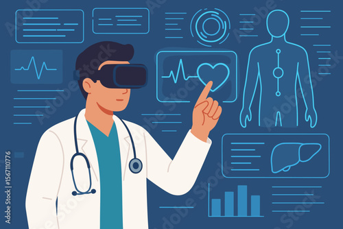 Futuristic doctor using virtual reality headset for medical diagnostics and patient monitoring. Digital healthcare innovation, telemedicine, heart rate analysis, advanced medical technology concept